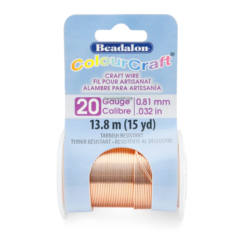 A spool of Beadalon ColourCraft 20-gauge craft wire, 0.81 mm thick and 13.8 meters (15 yards) long, in tarnish-resistant copper color packaging.
