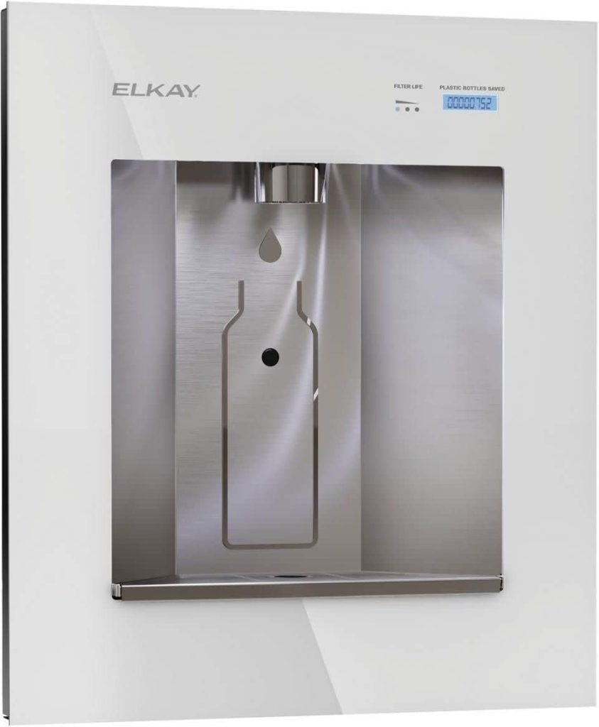 Wall-mounted Elkay bottle filling station with a digital display and stainless steel panel&mdash;refill your water bottle below the iconic drop logo for an eco-friendly addition to your list of Things To Do This Year.