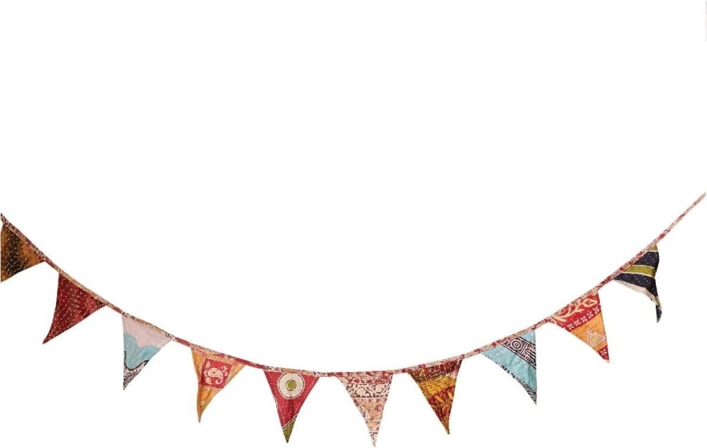 A string of colorful triangular fabric pennant flags hanging in a curved line against a white background.
