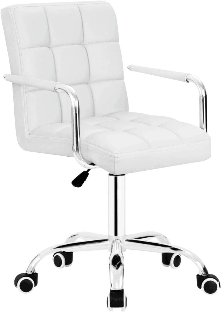 A white cushioned office chair with chrome armrests, adjustable height lever, and five wheels on a chrome base.