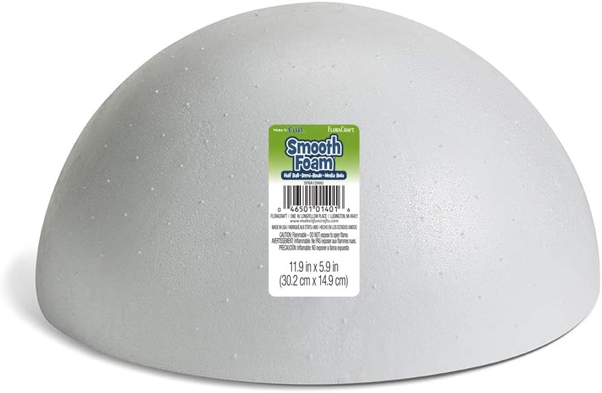 A white smooth foam half ball with a product label on the side, measuring 11.9 x 5.9 inches (30.2 x 14.9 cm).