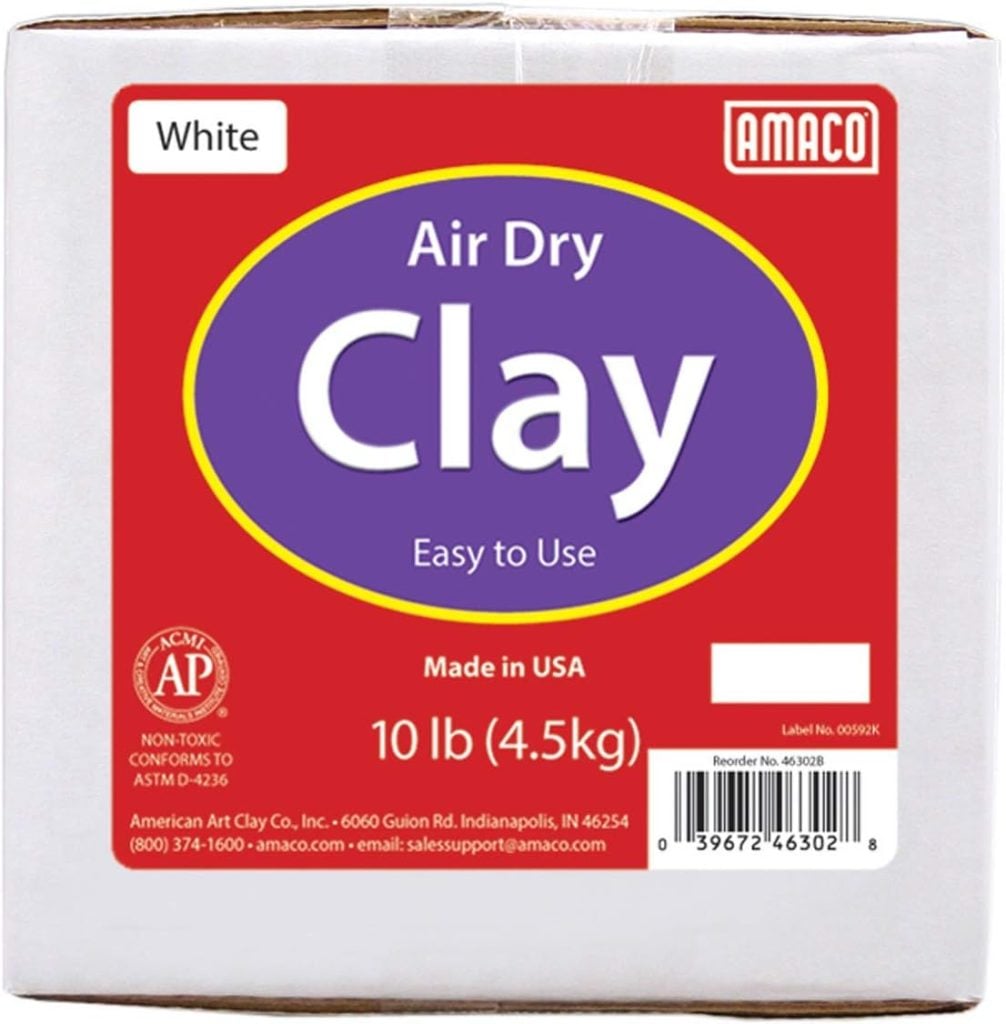 A 10 lb (4.5 kg) package of AMACO Air Dry Clay, labeled as white, with product and manufacturer information on the front.