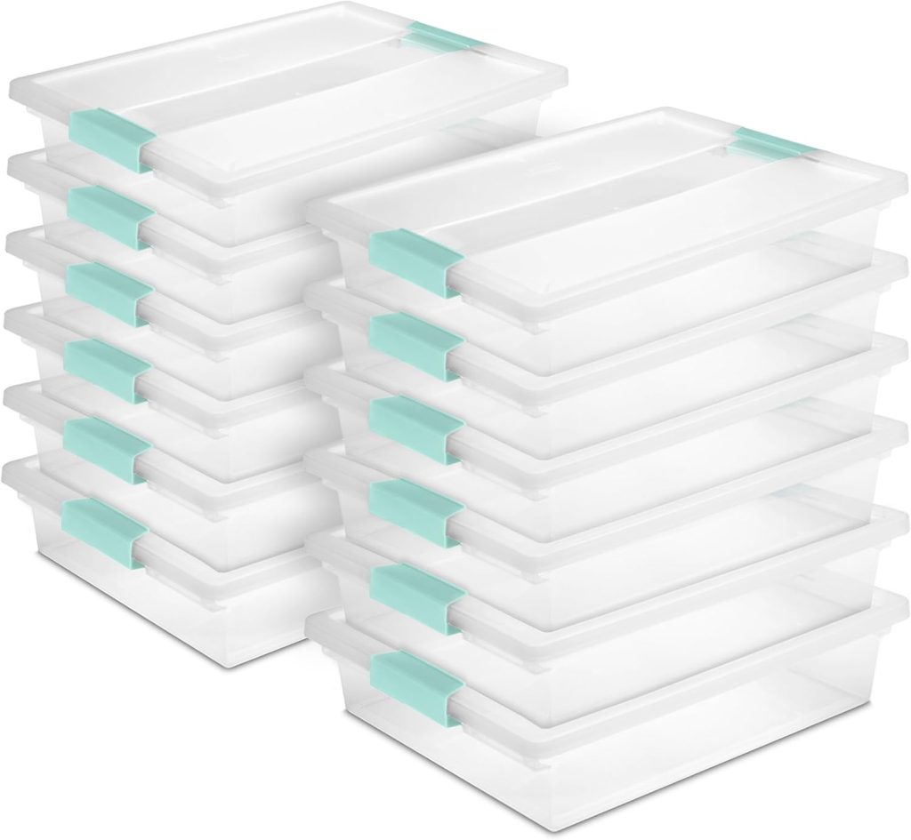 Stack of ten clear plastic storage bins with teal latches and lids, organized in two columns of five&mdash;perfect for keeping your craft room neat and supplies easily accessible.