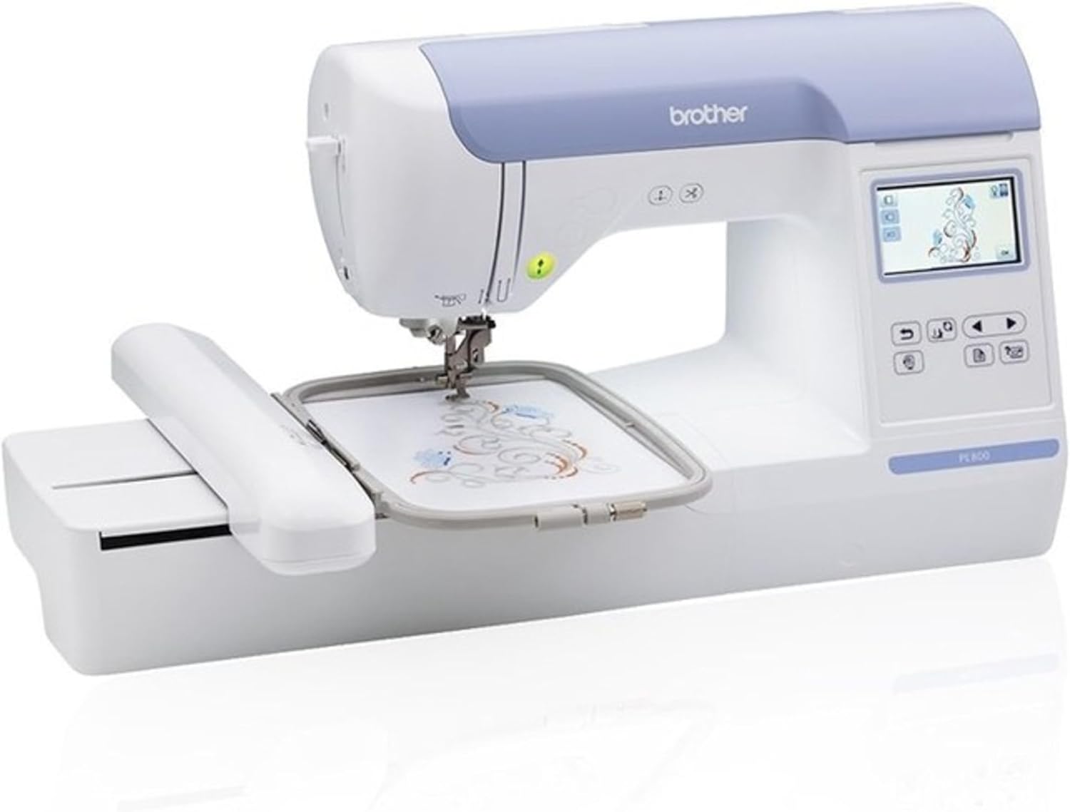 A computerized Brother embroidery machine with an LCD screen, stitching a multi-colored design on white fabric held in an embroidery hoop.