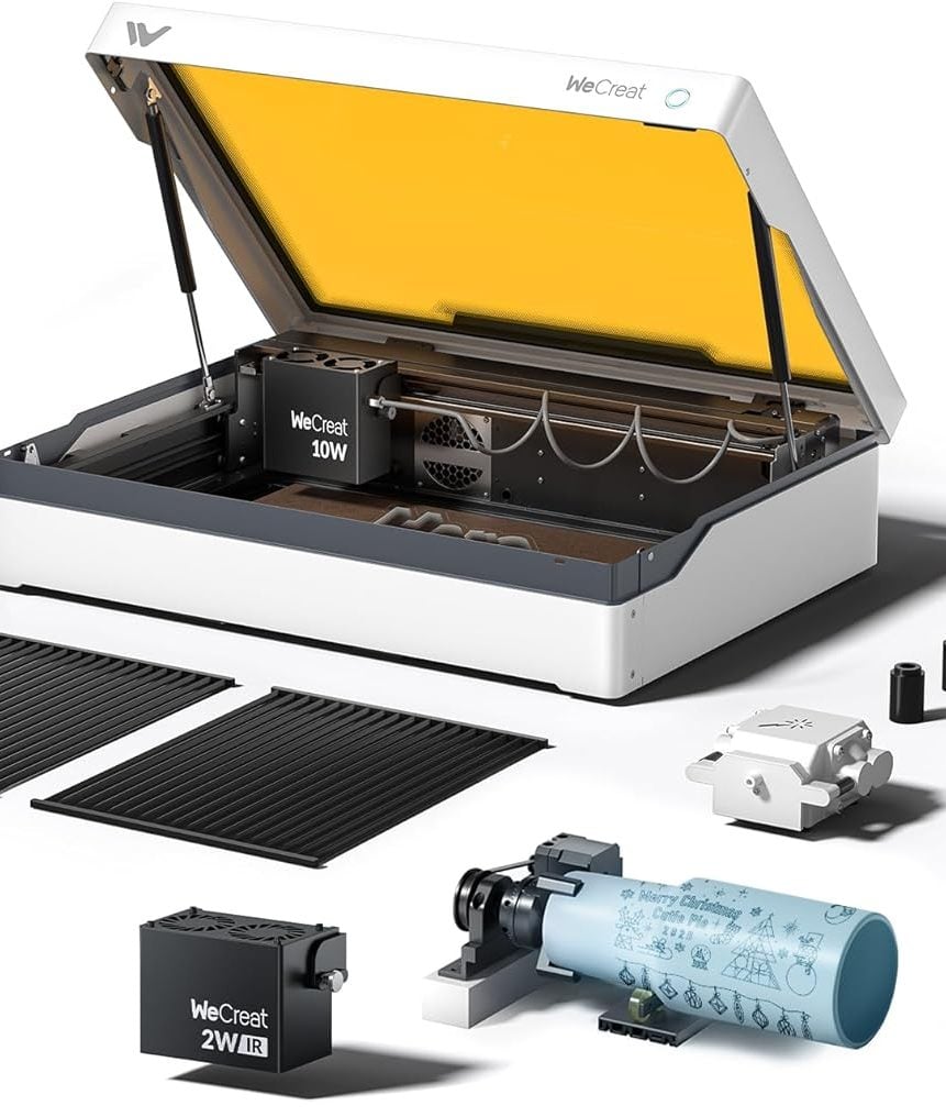 A laser engraver with accessories, two mats, a rotary attachment, and examples of engraved holiday-themed items including a calendar, flask, cutlery set, and Christmas ornament.