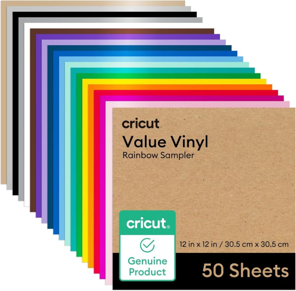 A stack of 12 x 12 inch Cricut Value Vinyl sheets in various colors, labeled "Rainbow Sampler," with 50 sheets in the pack.