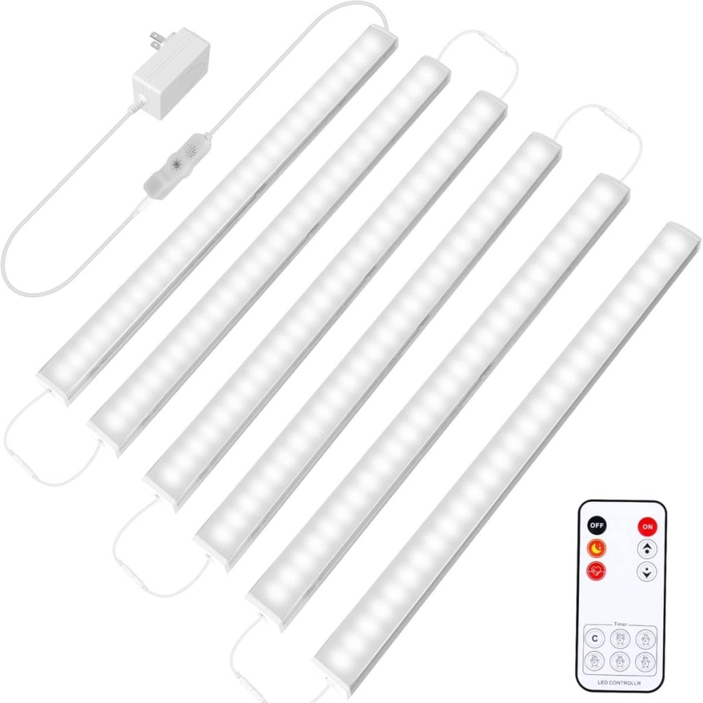 Seven LED light bars, a power adapter, connecting cables, and a remote control are displayed against a white background.