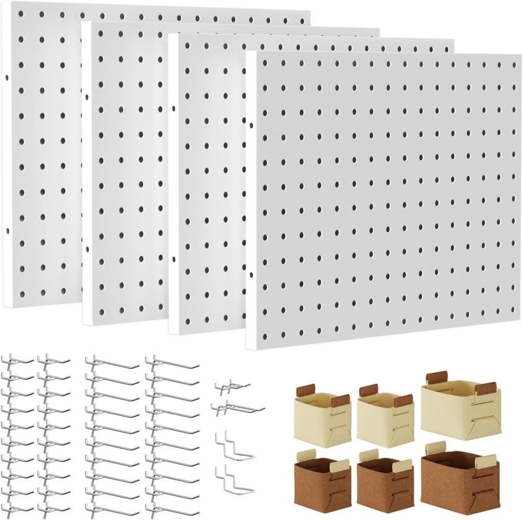 Four white pegboards with evenly spaced holes, metal hooks in various shapes, and six small brown and beige storage bins are displayed against a white background.