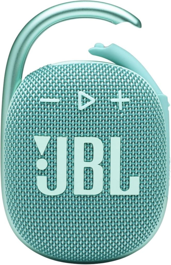 Turquoise JBL portable Bluetooth speaker with a textured front, control buttons on top, and a built-in carabiner for easy carrying.