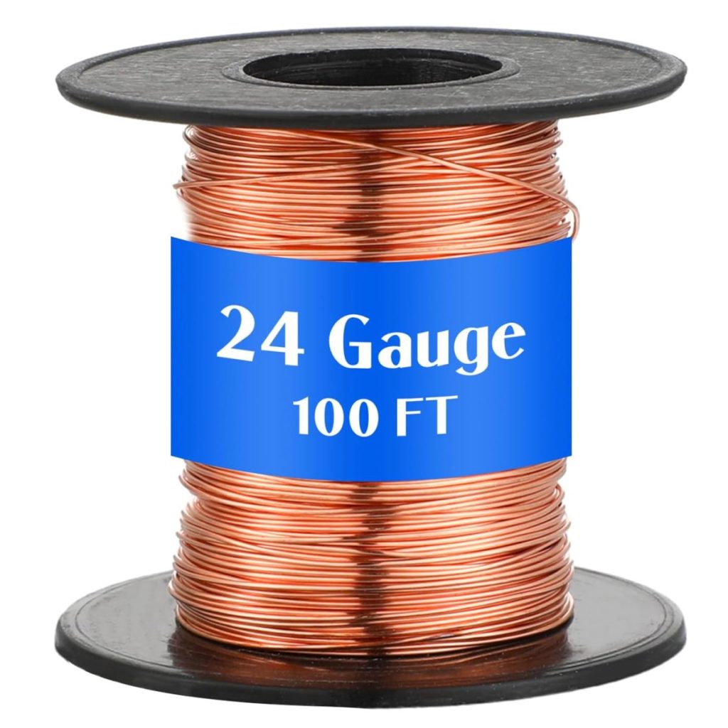 A spool of copper wire labeled "24 Gauge, 100 FT" with a blue band around the center&mdash;perfect for any craft room.