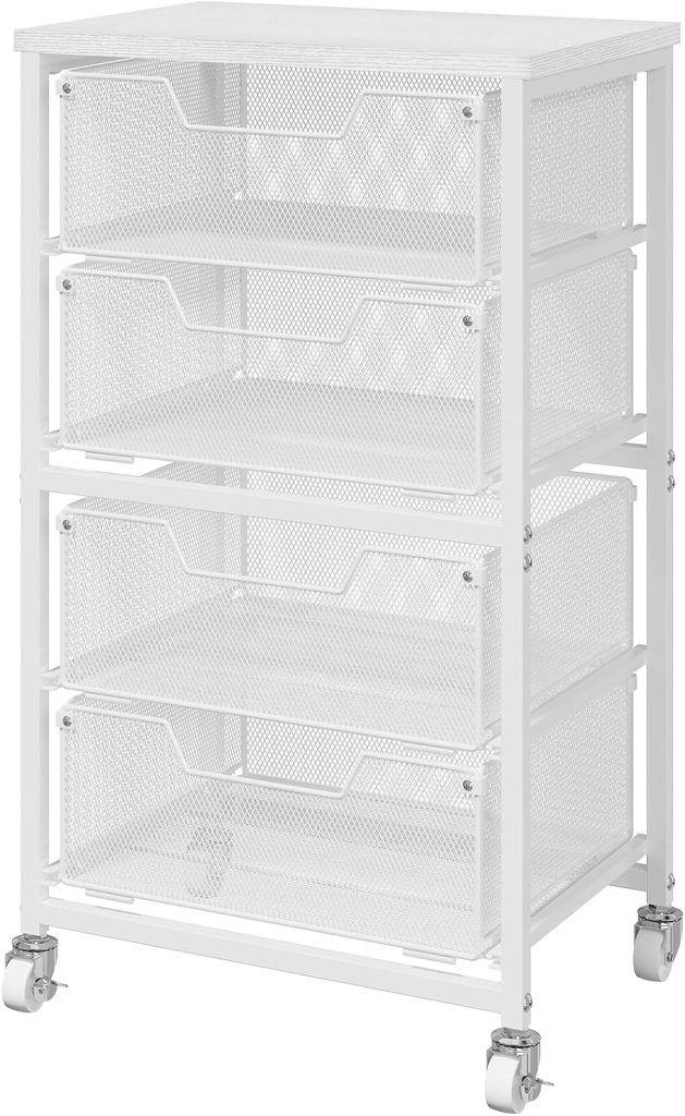 A white metal storage cart with four mesh drawers and caster wheels for mobility.