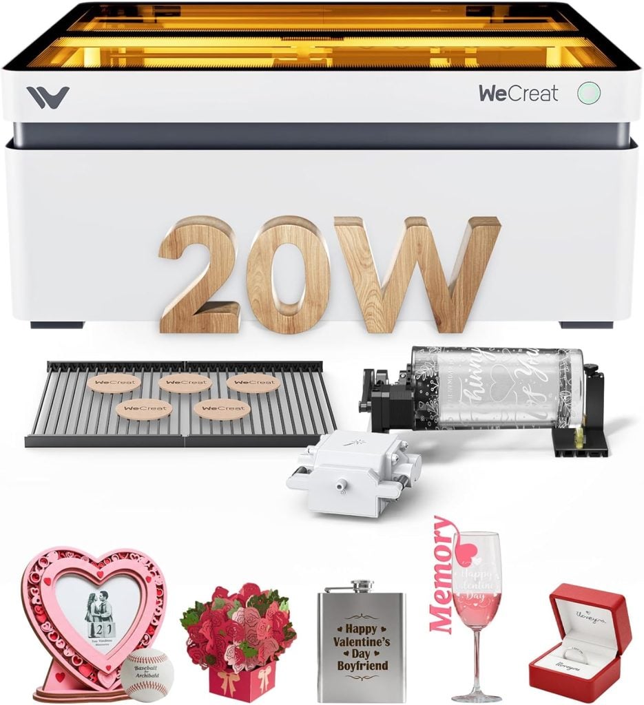 A WeCreat laser engraving machine with accessories and examples of engraved items, including wood cutouts, a glass, a flask, a wine glass, and a jewelry box.