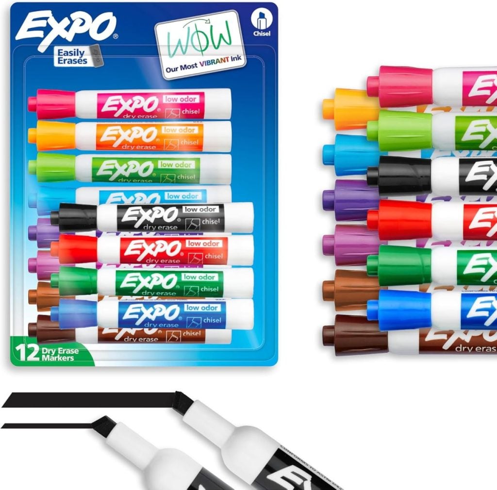 A 12-pack of Expo dry erase markers in assorted colors with chisel tips, shown both in packaging and lined up with caps off to display the ink colors.