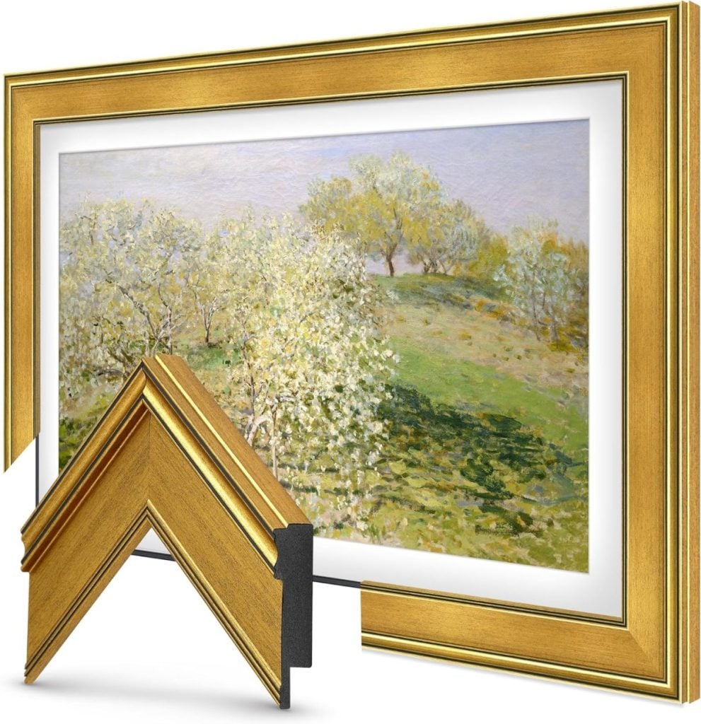 A framed landscape painting featuring blooming trees and a preview sample of the gold frame's corner design.