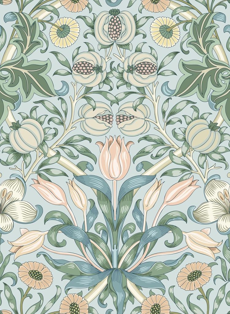 Ornate floral pattern with symmetrical arrangements of pastel flowers, leaves, and stems in green, yellow, and peach tones on a light blue background.