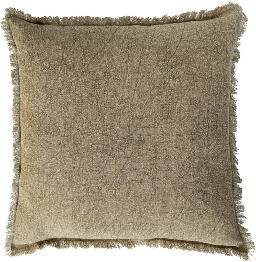 Square cushion with a textured, light brown fabric and frayed edges, viewed from above against a white background.