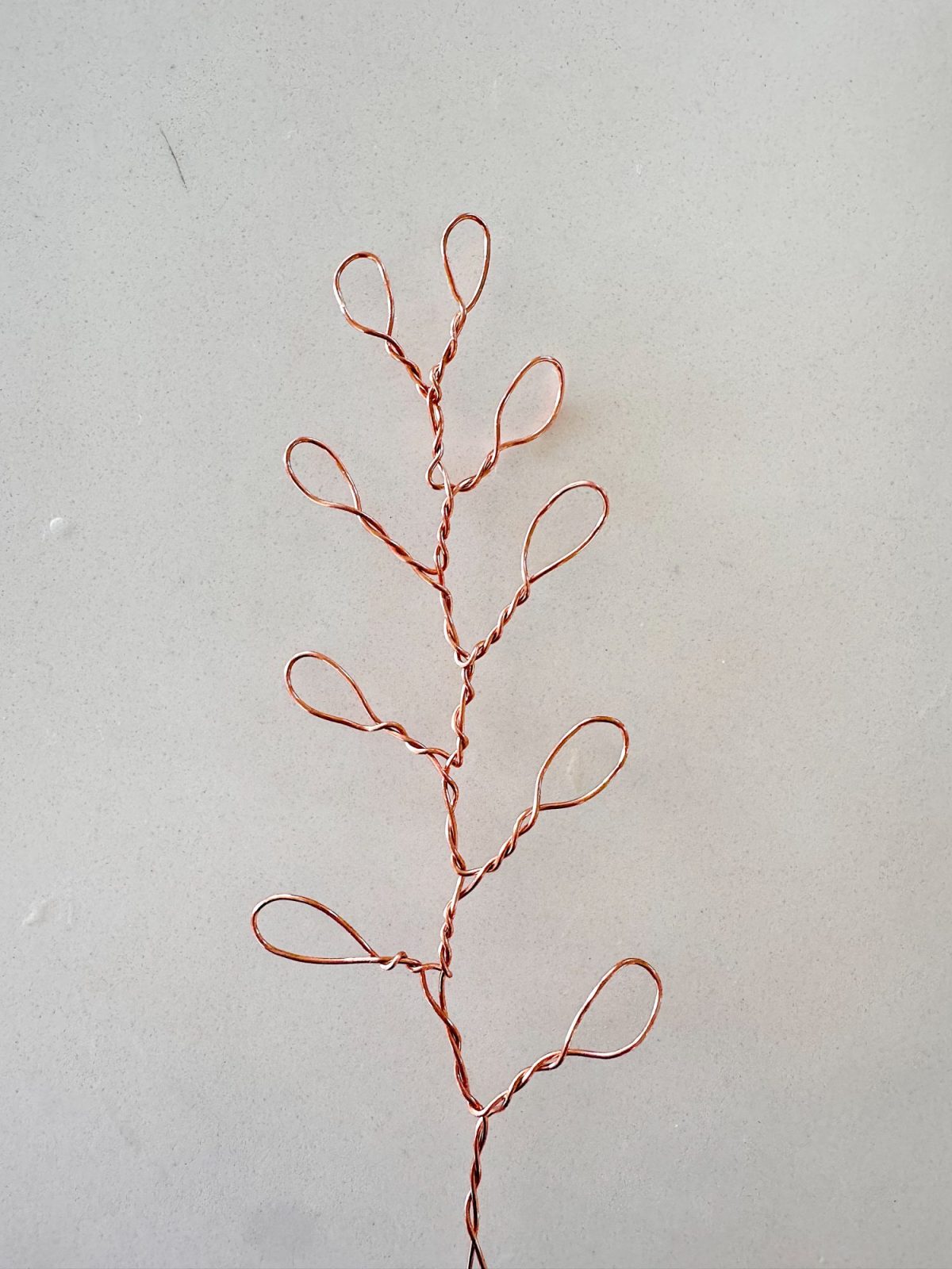 A piece of copper wire twisted into the shape of a simple branch with looped ends against a plain light background.
