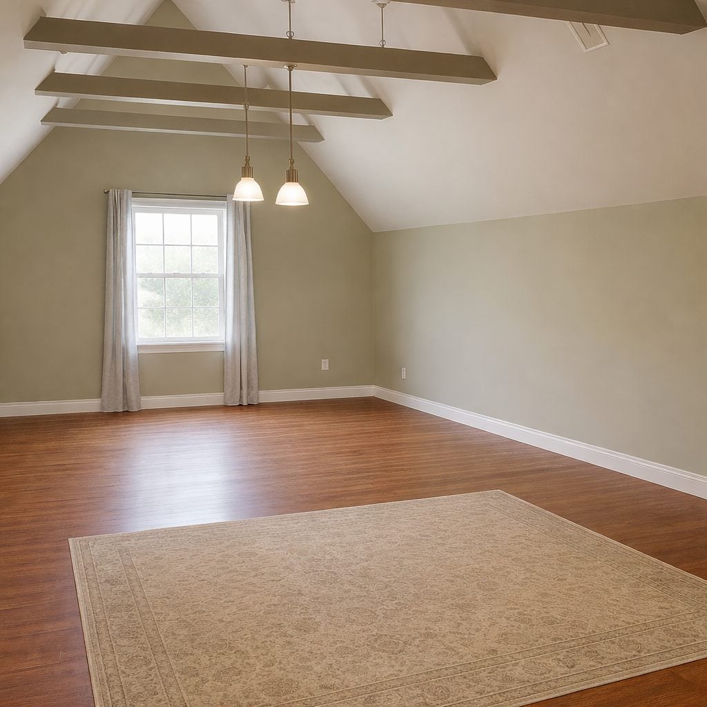 Unfurnished attic room with hardwood floors, an area rug, sage green walls, exposed ceiling beams, two pendant lights, and a window with light curtains.