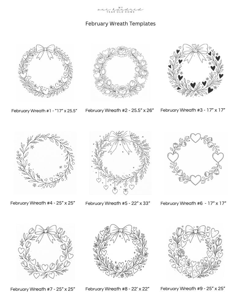 A sheet displaying nine black and white February wreath templates, each with varying floral and heart designs, labeled with their respective sizes and numbers.