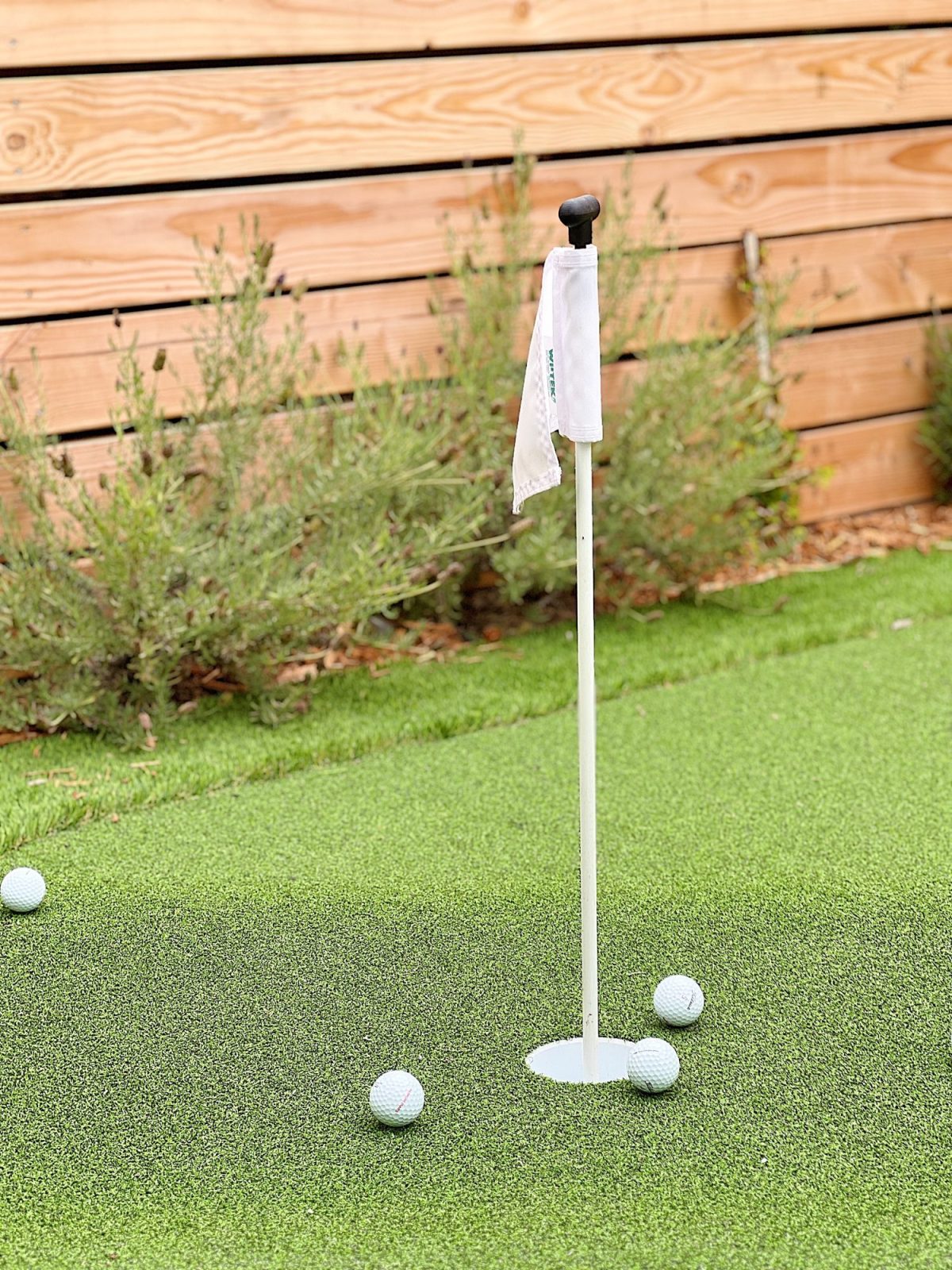 A white flag on a pole marks a hole on an artificial putting green, with five golf balls scattered nearby. A wooden fence and shrubbery are in the background.