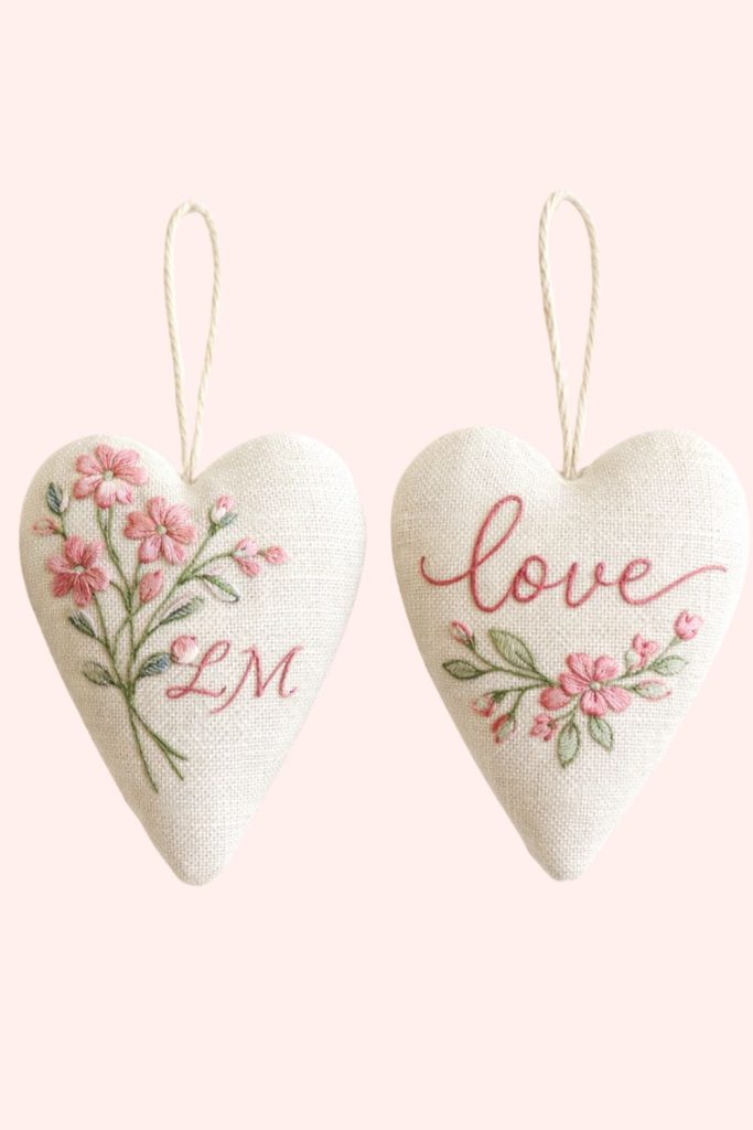Two heart-shaped fabric ornaments with floral embroidery; one says "LM" and the other says "love." Each has a loop for hanging.