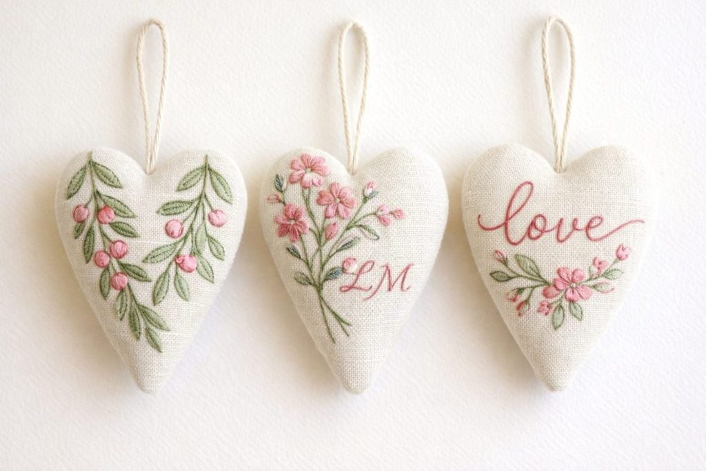 Three heart-shaped fabric ornaments with floral embroidery; the middle one has "LM" initials, and the right one has the word "love" stitched on it.