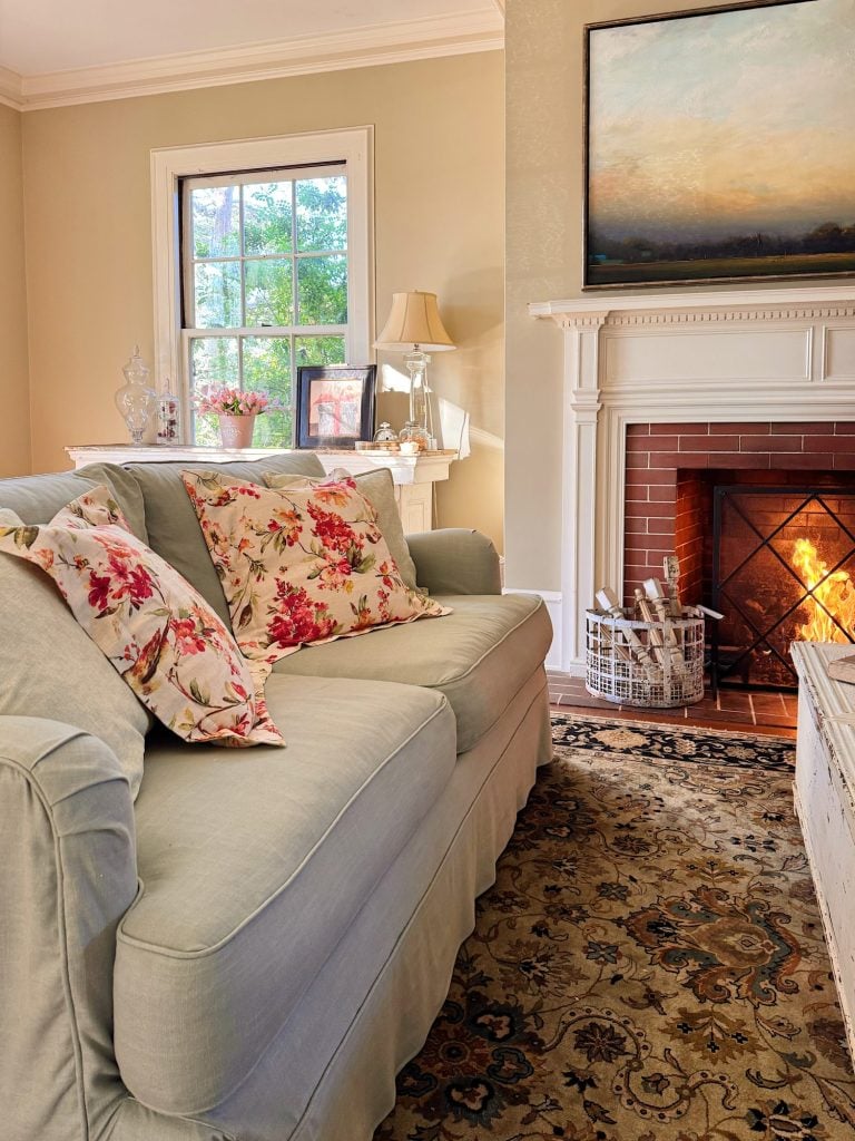 A cozy living room with a light-colored sofa, floral pillows, a lit fireplace, a patterned rug, and a window letting in natural light.