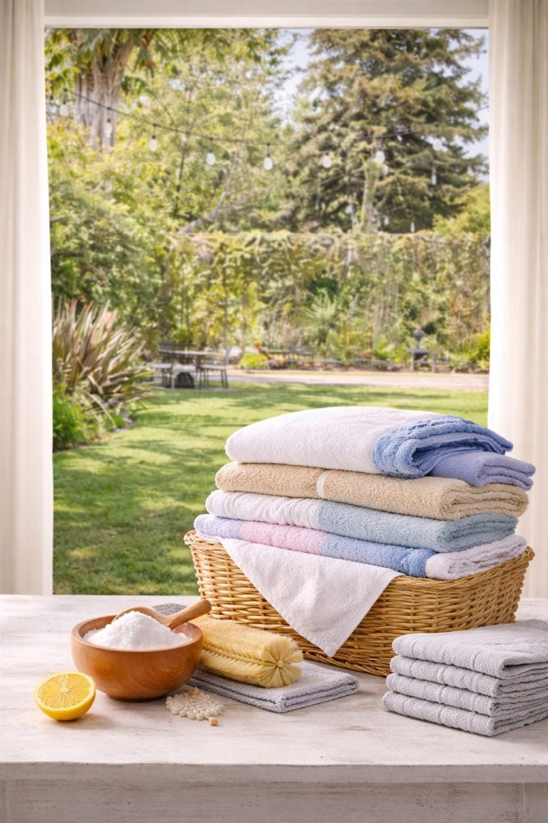 A wicker basket with folded pastel towels sits on a table beside stacked gray towels, a bowl of bath salts to help lift stains, a sponge, and half a lemon, with a garden visible through open curtains.
