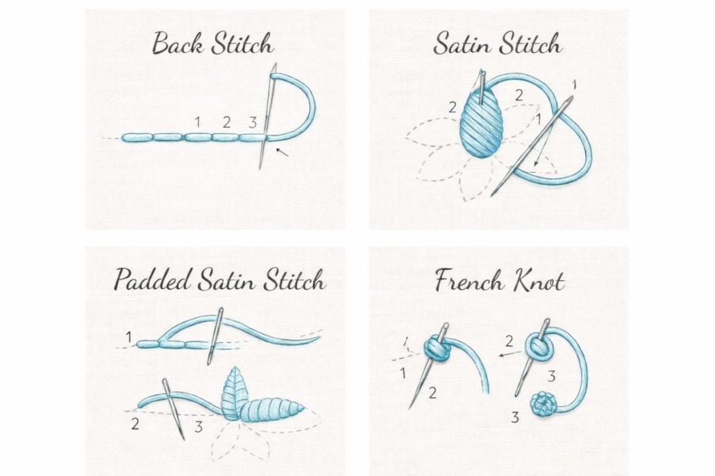 Four illustrated embroidery stitch diagrams labeled Back Stitch, Satin Stitch, Padded Satin Stitch, and French Knot, each showing step-by-step needle and thread placement.