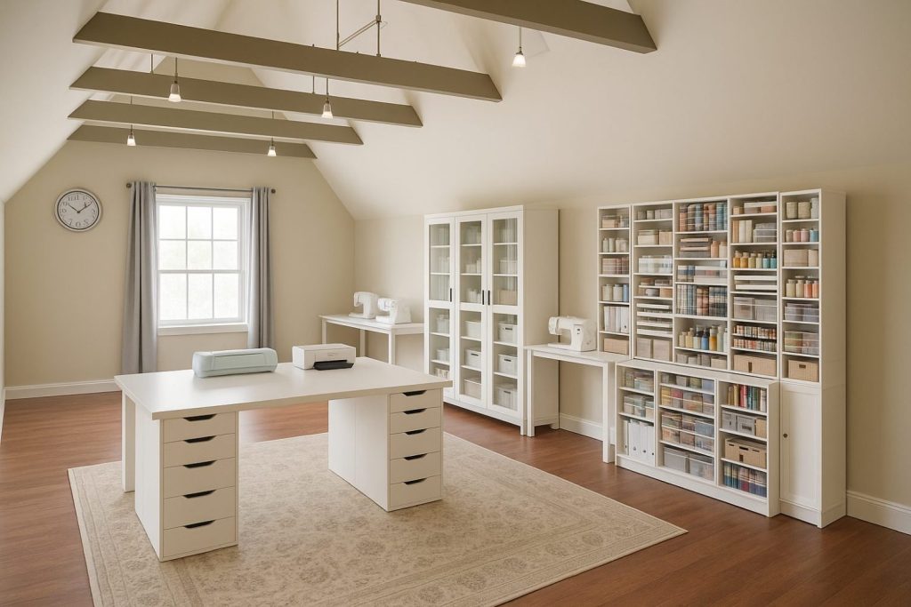 A spacious, organized craft room with white furniture, shelving units filled with supplies, wooden floors, a large rug, and a window with gray curtains.