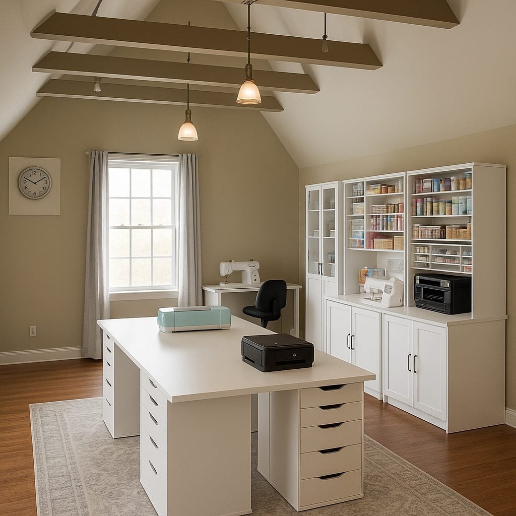 Modern home office with a large white desk, two printers, a sewing machine, organized shelves with supplies, wooden floors, and a window with grey curtains.