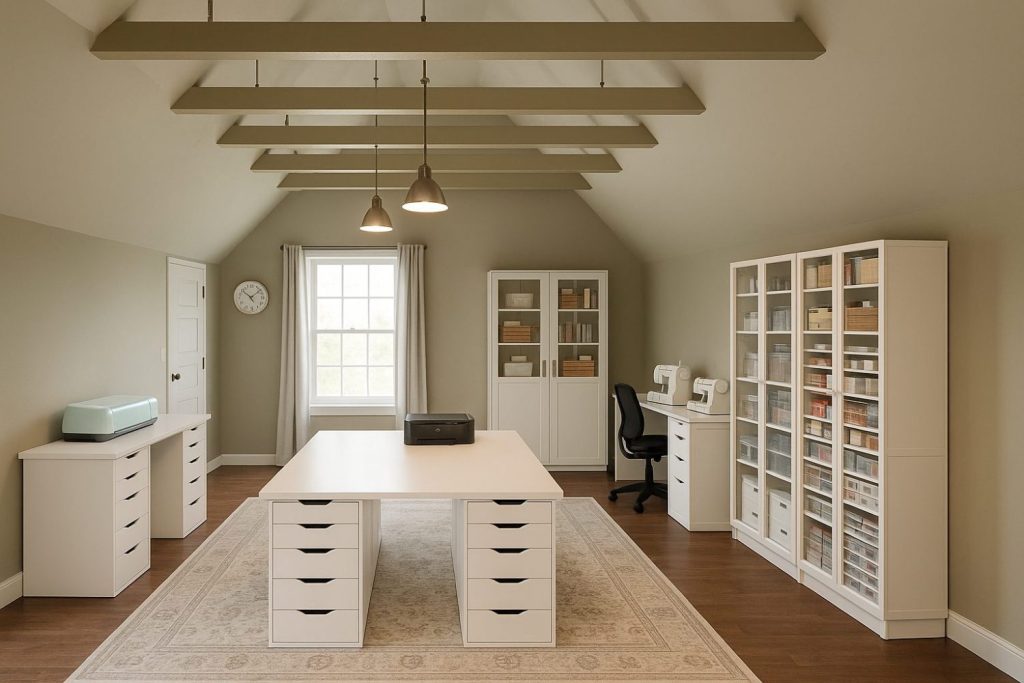 Spacious home office with two white desks, shelving units, a printer, a sewing machine, a clock, and a large window, all under exposed ceiling beams and pendant lights.