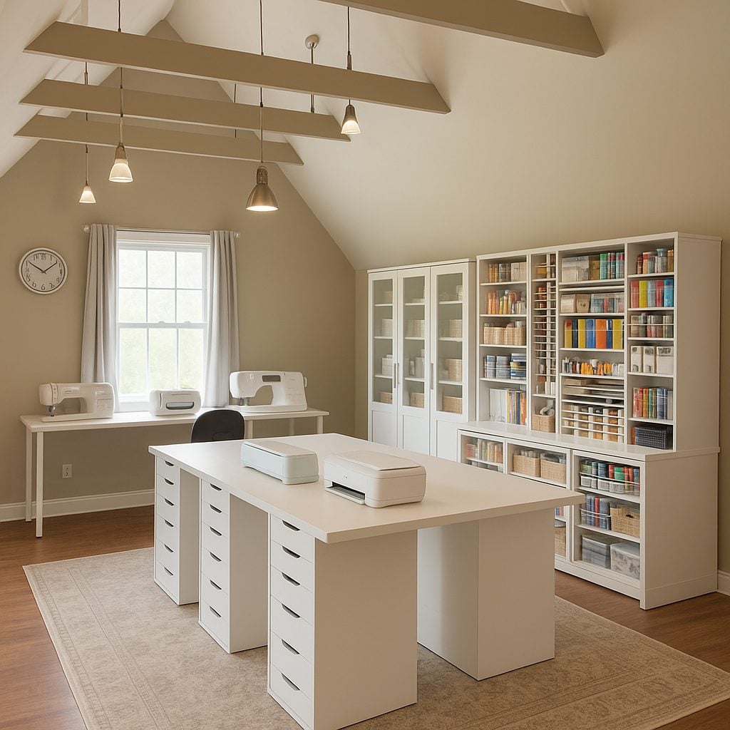 A bright, organized craft room with white tables, shelving units filled with supplies, sewing machines, a window, and a clock on the wall.