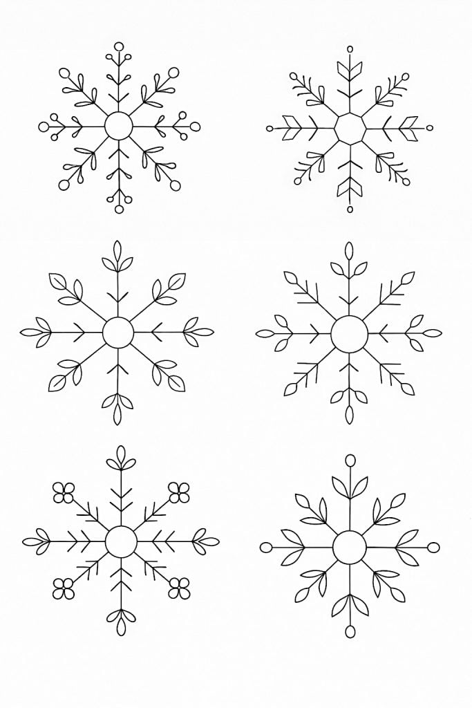 Six black and white hand-drawn snowflake designs arranged in two rows of three on a white background.