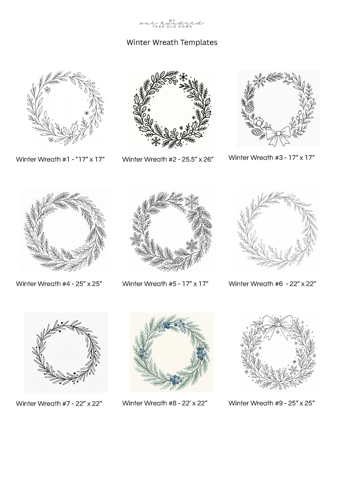 Nine black-and-white winter wreath templates, each labeled with a number and dimensions, displayed in a 3x3 grid; one wreath features subtle blue accents.