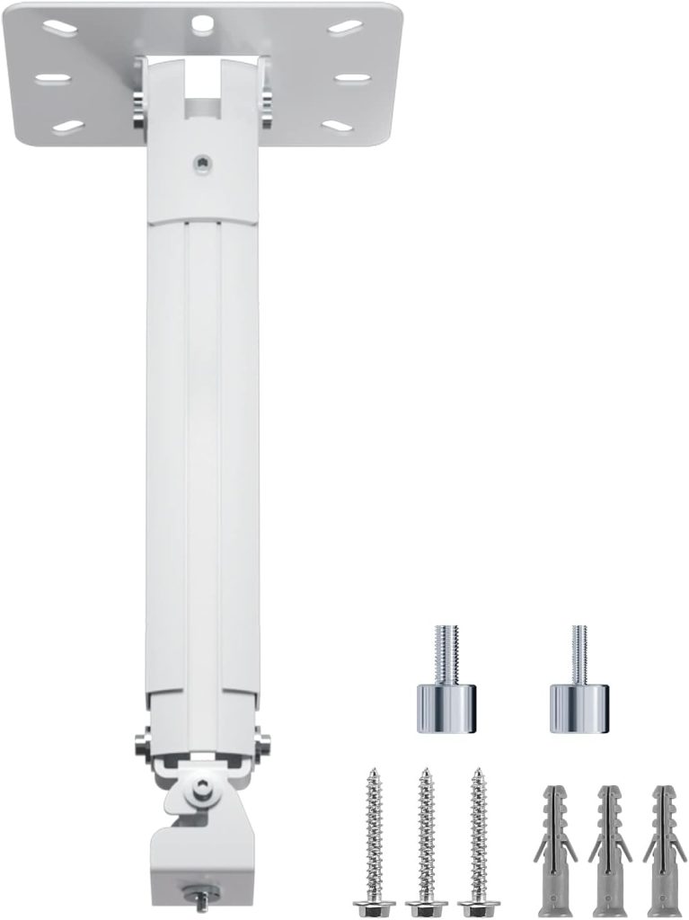 A white adjustable wall or ceiling mount bracket with screws, wall anchors, and washers arranged beside it.