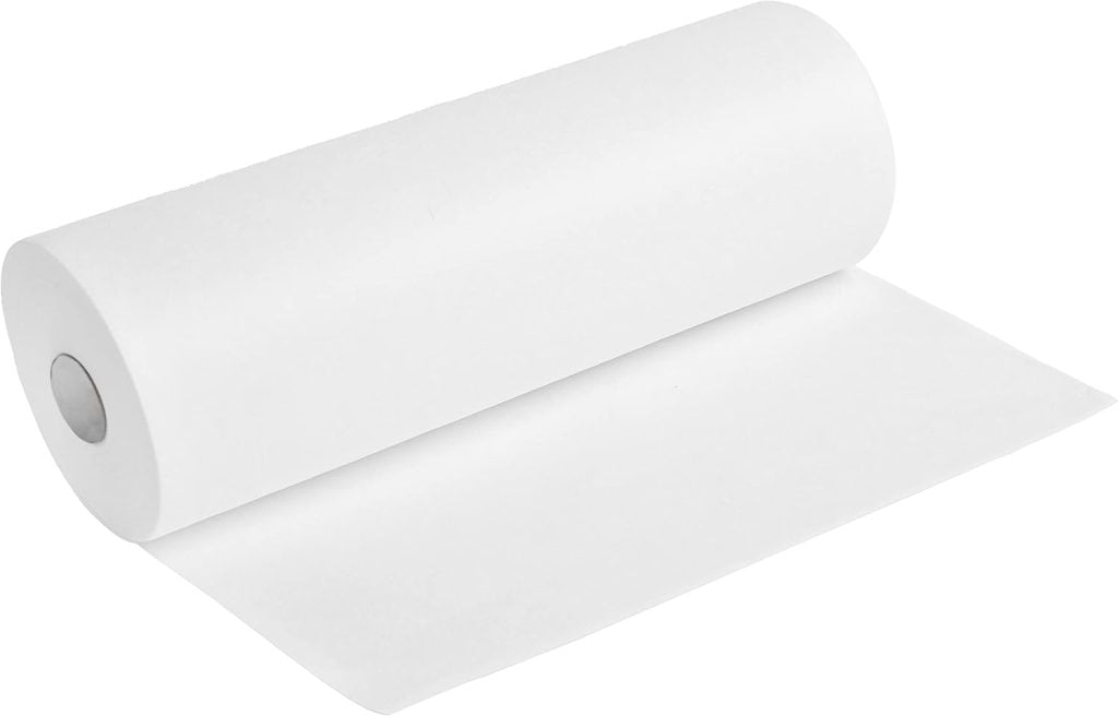 A large roll of white paper towel partially unrolled, shown on a plain white background.