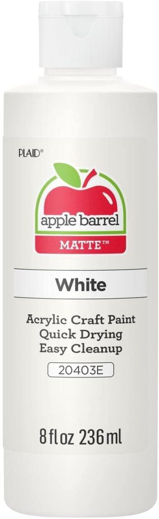 A bottle of Apple Barrel Matte White acrylic craft paint, 8 fl oz (236 ml), labeled as quick drying and easy cleanup.