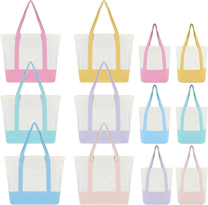 A set of 14 tote bags in various pastel colors, each with colored handles and trim, arranged in rows on a white background for a vibrant view from above.