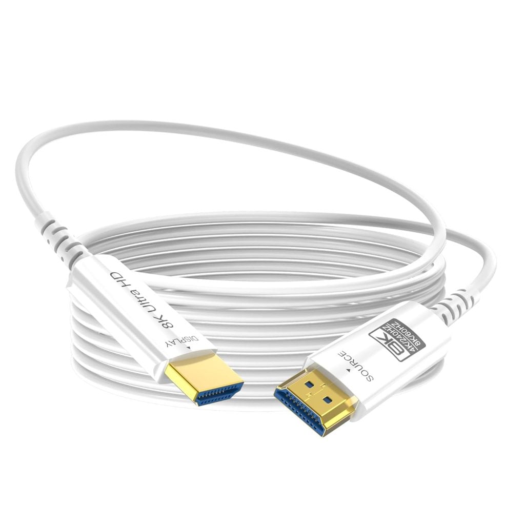 A coiled white DisplayPort 1.4 cable with gold-plated connectors and &ldquo;8K Ultra HD&rdquo; and &ldquo;DisplayPort 1.4&rdquo; labels on each end.