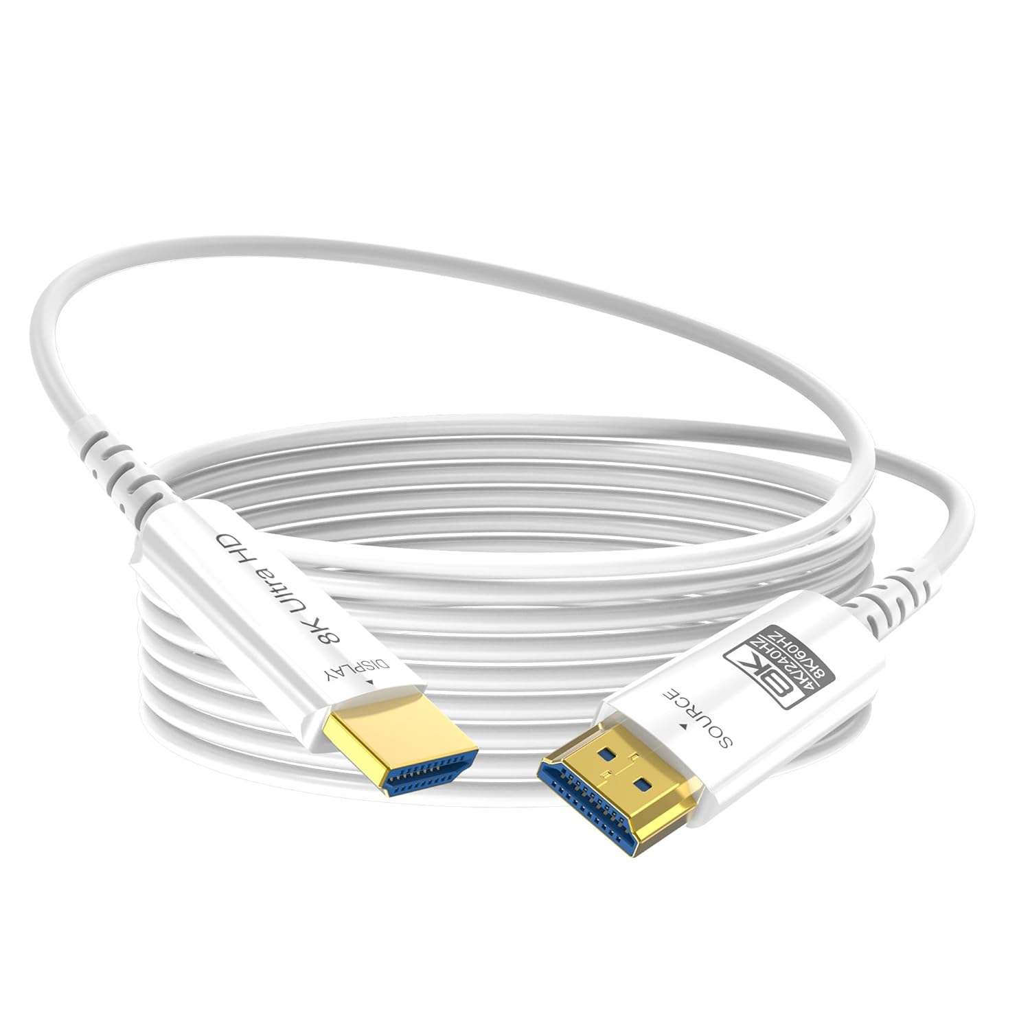 A coiled white DisplayPort 1.4 cable with gold-plated connectors and “8K Ultra HD” and “DisplayPort 1.4” labels on each end.