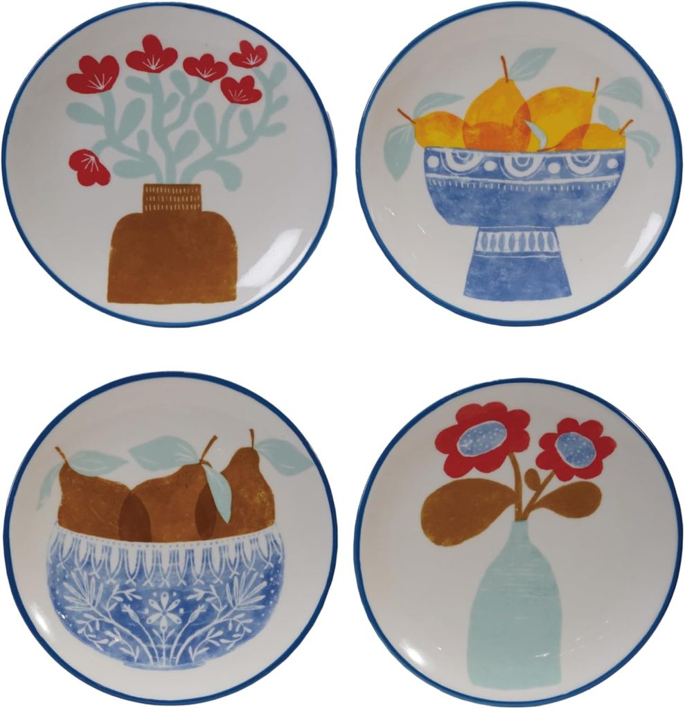 Four ceramic plates with blue rims featuring stylized illustrations: red flowers in a brown vase, yellow pears in a blue bowl, brown pears in a patterned bowl, and red flowers in a blue vase.
