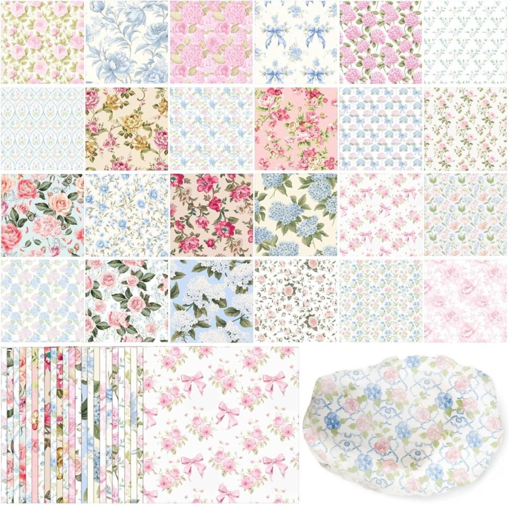 A collage of various floral and pastel-patterned fabric swatches, striped prints, a pink bow design, and a floral-patterned plate on a white background.