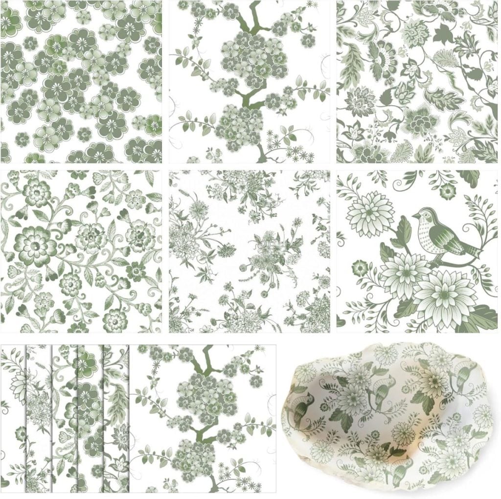 Nine square tiles feature various green floral and botanical patterns, with one tile showing a bird and one image showing a ceramic dish with a matching design.
