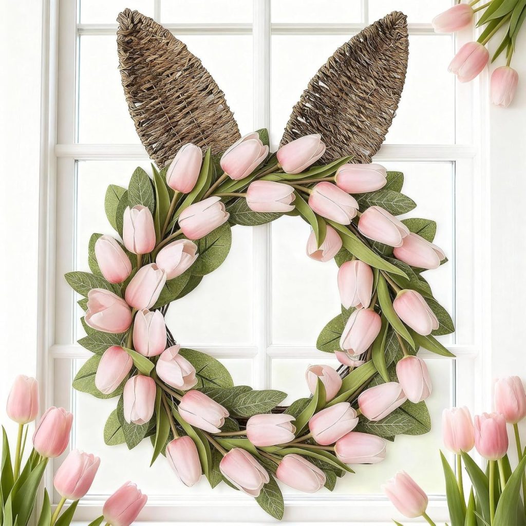 A beautiful window wreath made of pink tulips and green leaves hangs on the window, with two woven pieces forming bunny ears at the top. Pink tulips are also scattered around the window for a charming display.