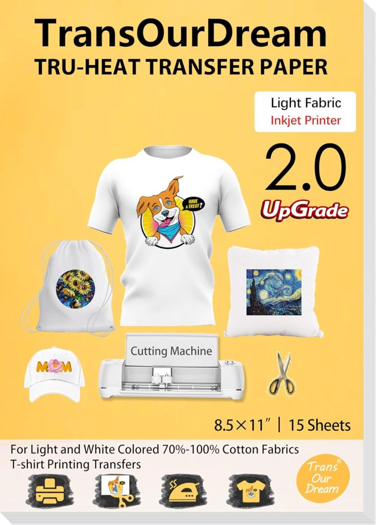 TransOurDream Tru-Heat Transfer Paper package shows printed shirts, bags, and hats, inkjet printer compatibility, 2.0 upgrade, 8.5x11" size, 15 sheets, for light and white fabrics.