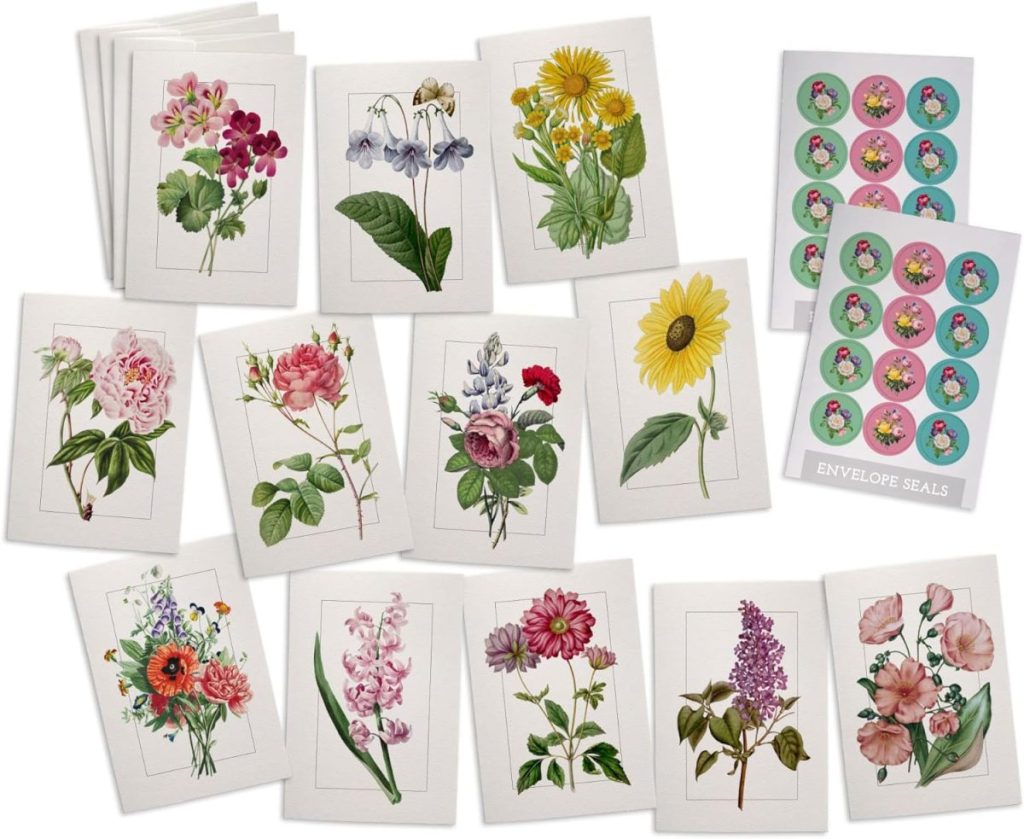 A set of floral greeting cards with various botanical illustrations, blank interiors, and two sheets of envelope seals featuring colorful bird designs.