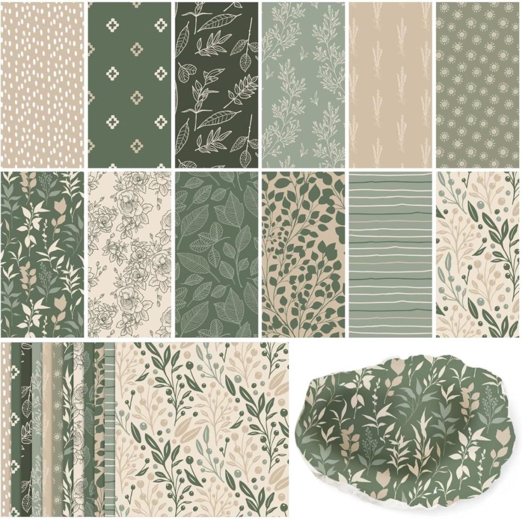 A collection of 15 rectangular green and beige floral and leaf pattern swatches, with a matching patterned oval dish displayed on the bottom right.
