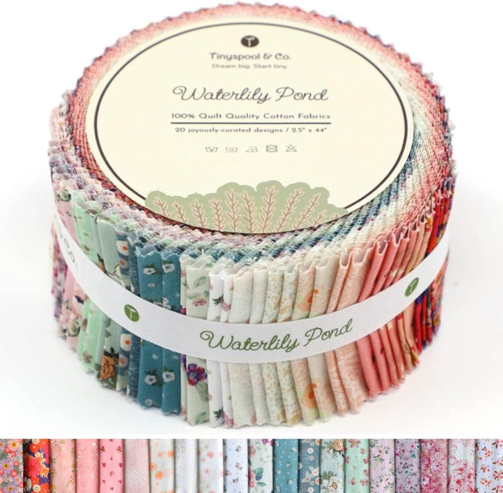 A bundle of rolled cotton quilting fabric strips in pastel shades and floral patterns labeled "Waterlily Pond" by Tinyspool & Co., with a preview of fabric designs shown below.
