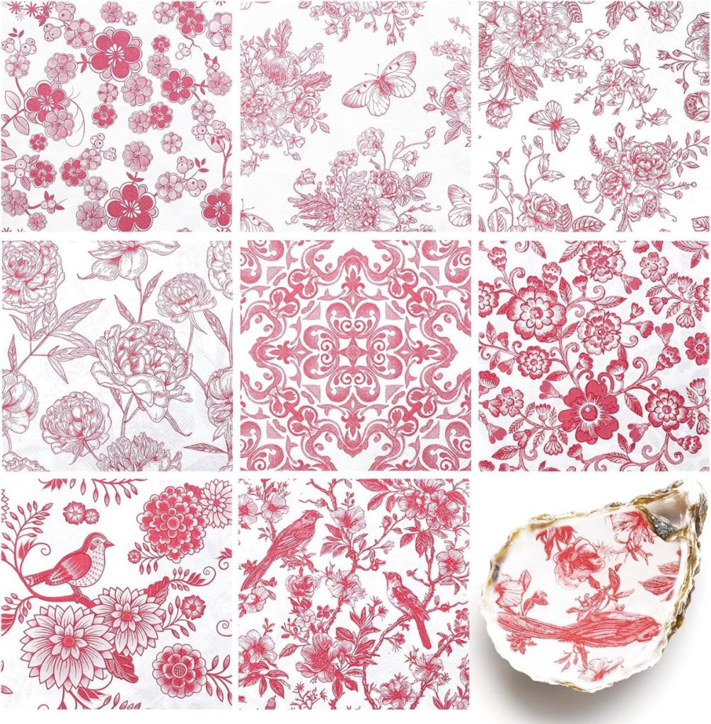 A grid of nine squares, each featuring different intricate red floral and nature-themed patterns on a white background; a shell with a red bird design appears in the bottom right corner.